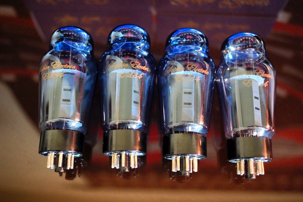 Quad of Sophie Electric EL34-ST vacuum tubes for the Leben CS-600 integrated amplifier.